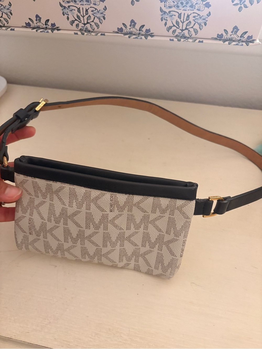 Michael Kors Beige Monogram Belt Bag with Black Trim
